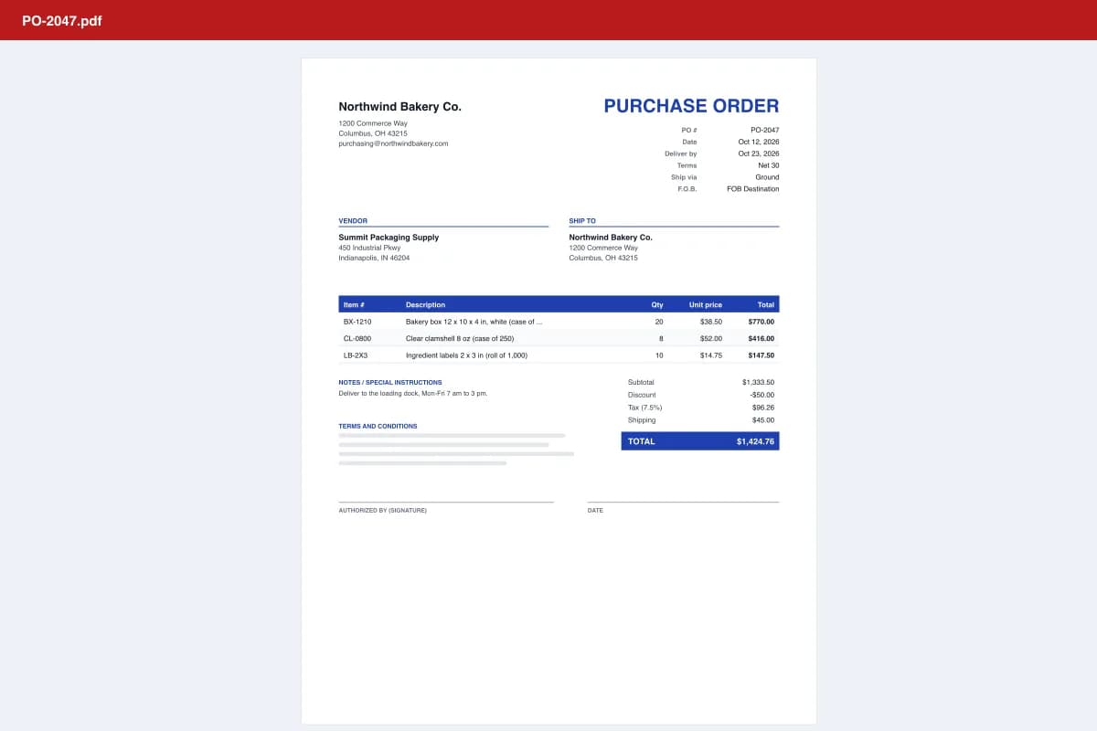 Purchase order form PDF example with vendor, ship-to, items, totals and authorized signature line
