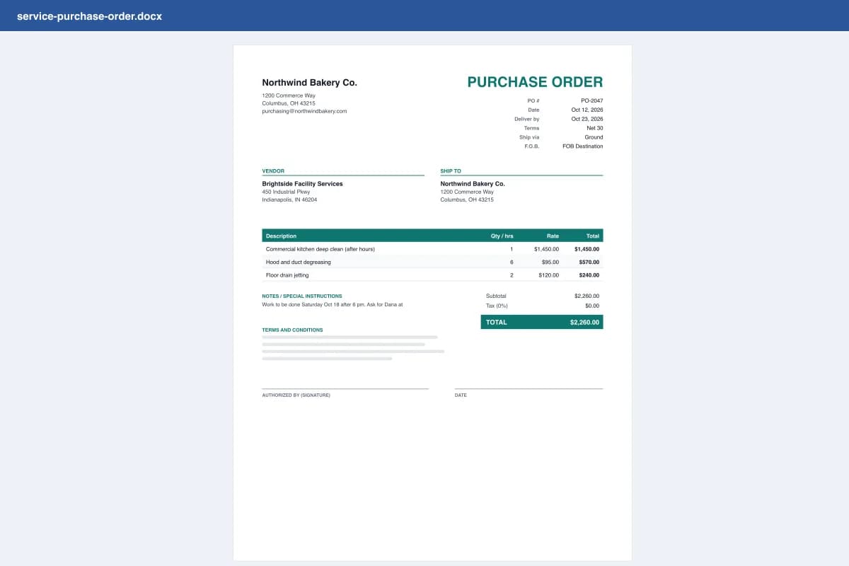 Service purchase order template in Word with description, hours, rate and total