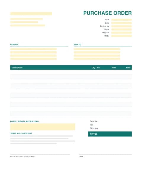 Service Purchase Order Template: blank PDF purchase order template preview with description, hours and rate columns